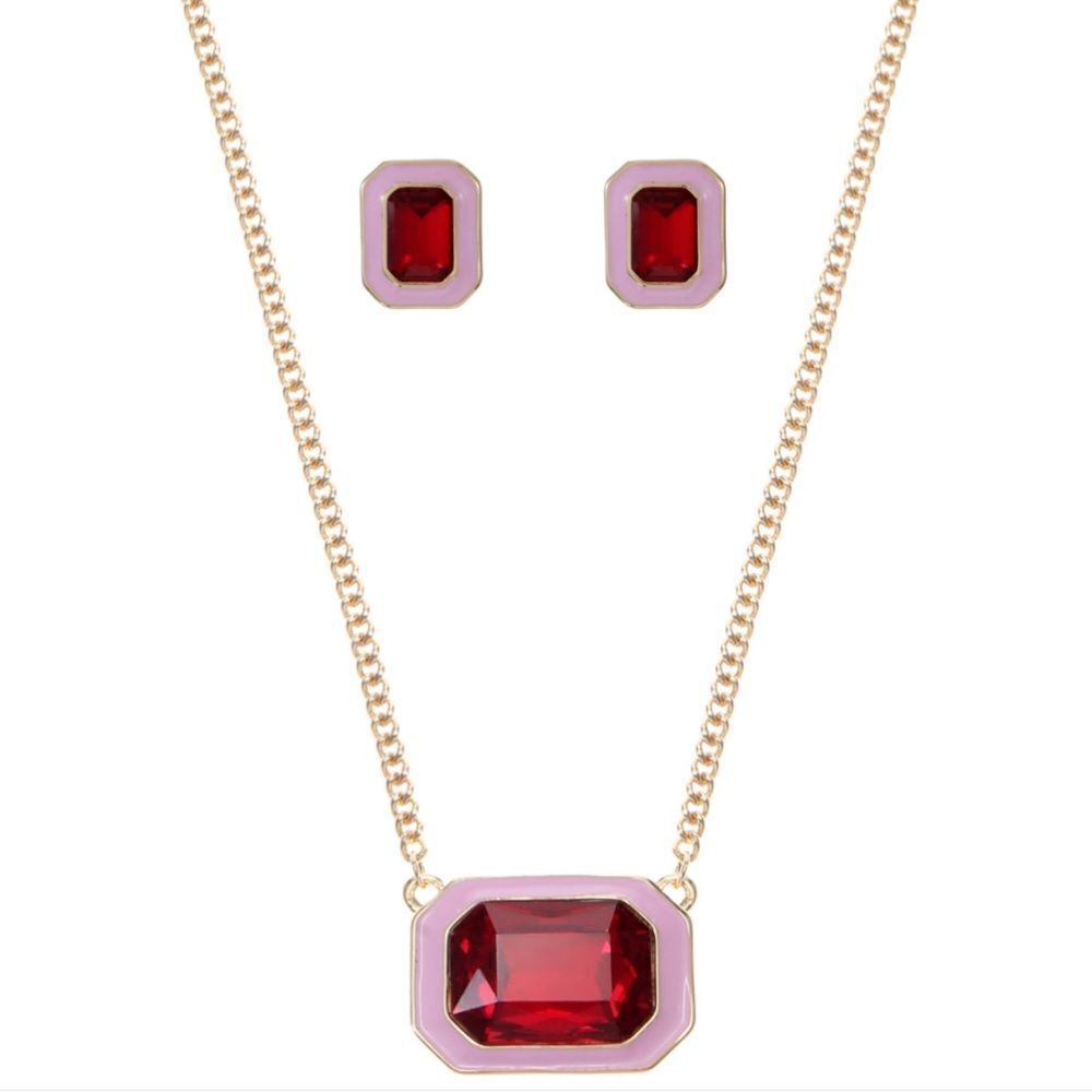 NWT Alfani Framed Stone Pendant Necklace & Stud Earrings Set, Red